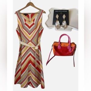 Lafayette 148 New York tan and orange Chevron Striped Sleeveless Dress size 14